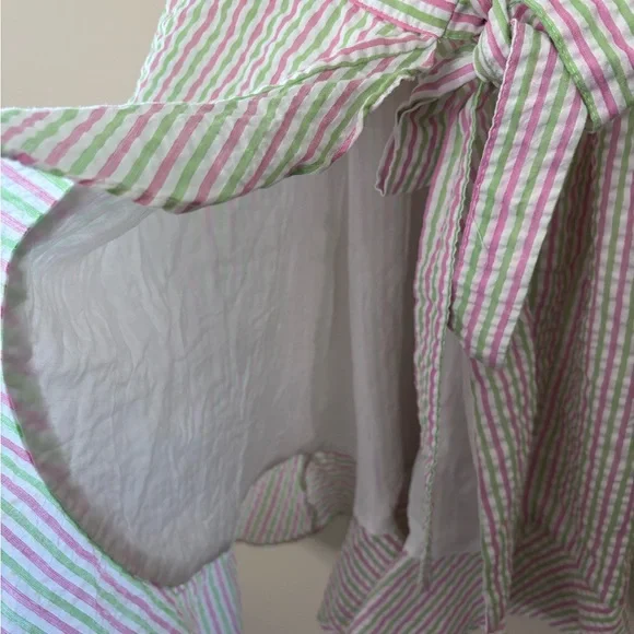 NWOT Draper James RSVP XS Pink Green Striped Seersucker Puff Sleeve Wrap Dress - Picture 10 of 14